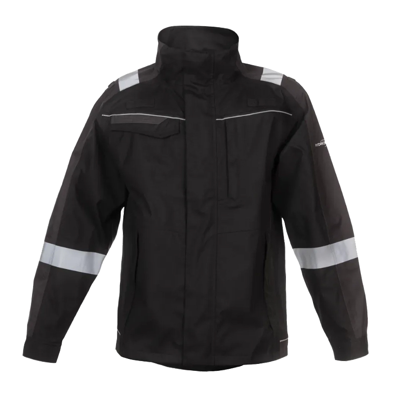 Schwarze wasserdichte Arbeitsjacke mit Reflexstreifen an Ärmeln und Schultern, hohem Kragen und Frontverschluss