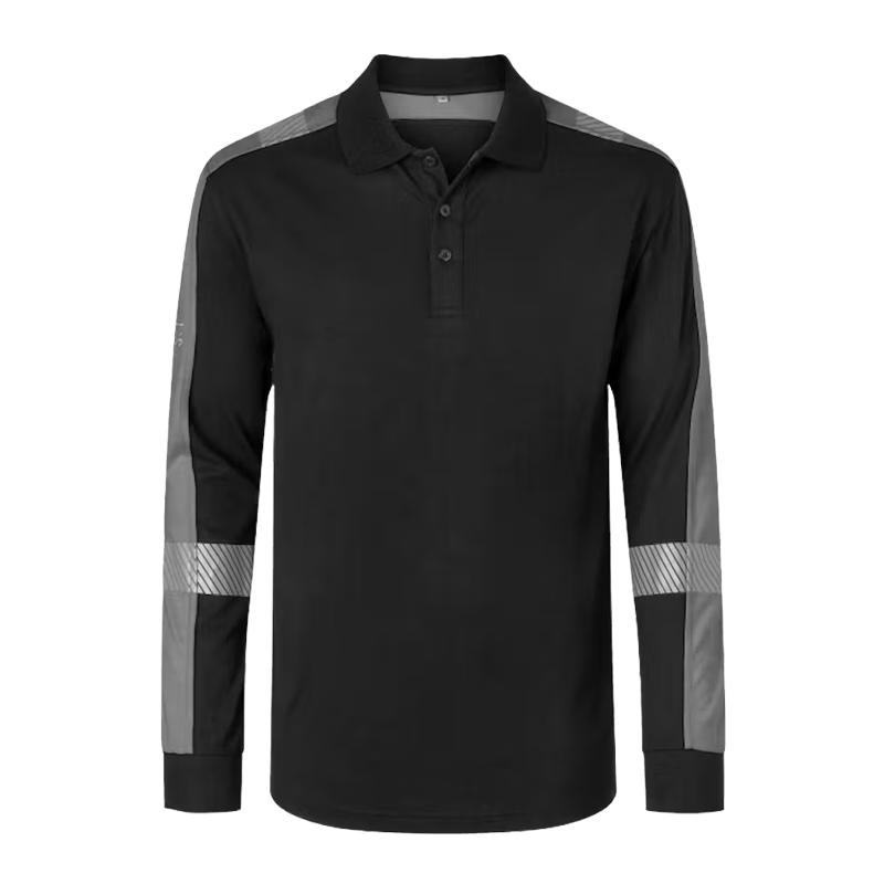 Schwarzes Langarm-Poloshirt mit Kragen, Knopfleiste und grauen Kontrasteinsätzen an Schultern und Ärmeln