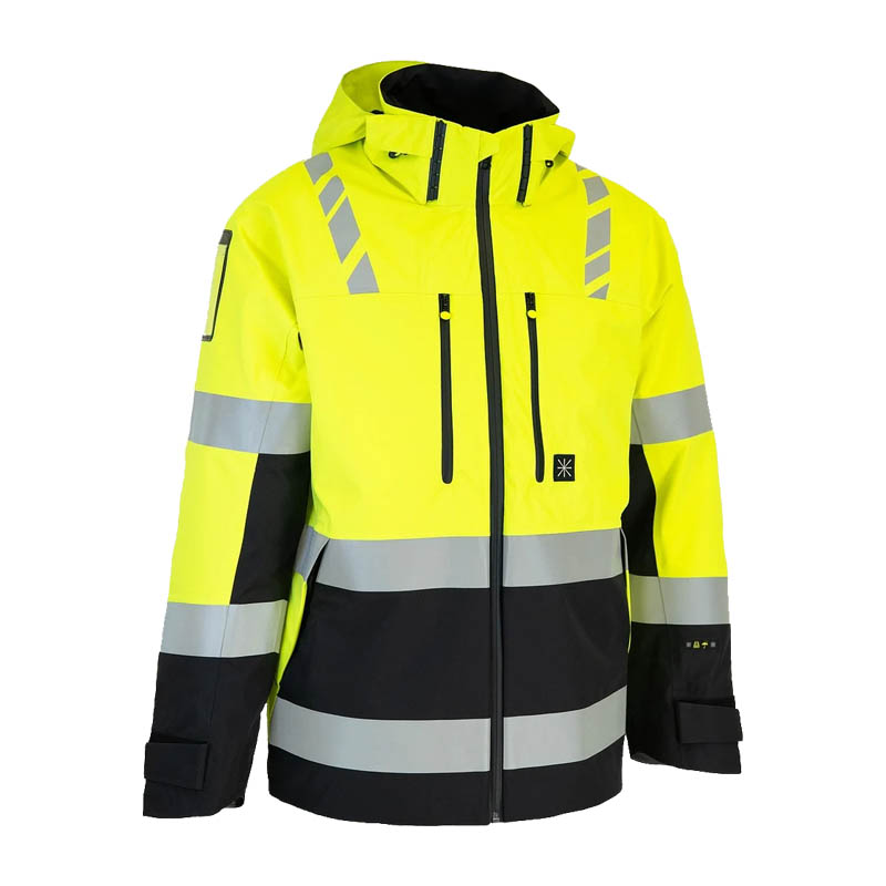 Dimex 6230Y Damen Warnschutz Shell Jacke, wasserdicht und winddicht, Klasse 2, in Gelb-Schwarz mit Reflexstreifen und Kapuze