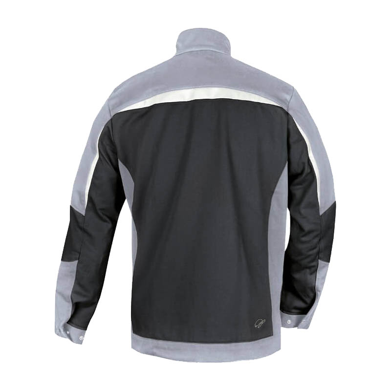 Rückansicht der HB ArcSelect MultiNorm Jacke 4 kA + 7 kA | APC2 von HB Protective Wear in Schwarz-Grau mit Stehkragen und Reflexstreifen