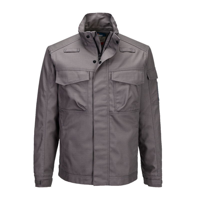 Graue PortWest Arbeitsjacke mit Stehkragen, verdecktem Reißverschluss und mehreren Taschen, Frontansicht