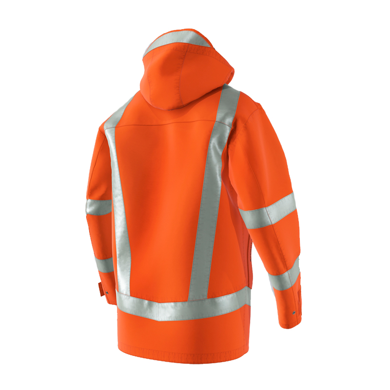 Rückansicht der BP 2230 Hi-Vis MultiNorm Wetterschutz Jacke 4 kA + 7 kA | APC2 von BP Bierbaum Proenen in Orange mit Kapuze und Reflexstreifen