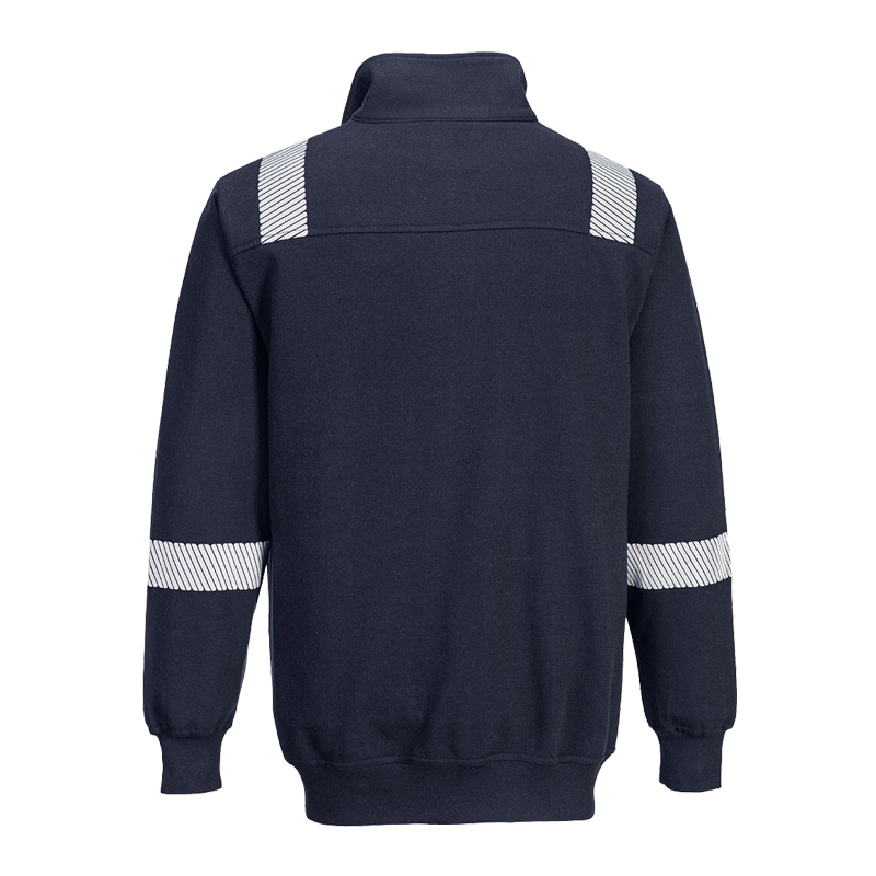 Rückansicht einer dunkelblauen PortWest Arbeitsjacke mit hohem Kragen und reflektierenden Streifen an Schultern und Ärmeln