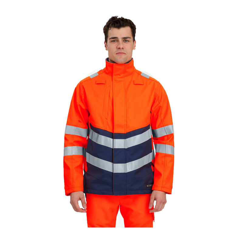 Herren tragen Engel Warnschutzjacke in Orange und Marineblau mit breiten Reflexstreifen, hochgeschlossen und von vorn gezeigt