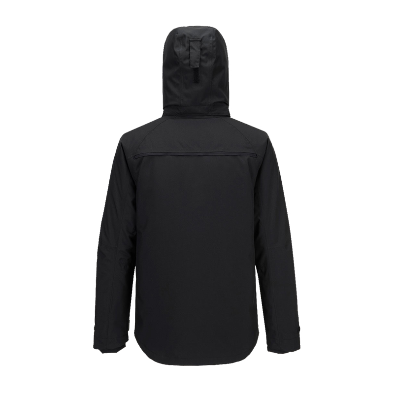 Rückansicht einer schwarzen PortWest Jacke mit Kapuze, funktionale Outdoor- und Arbeitsjacke