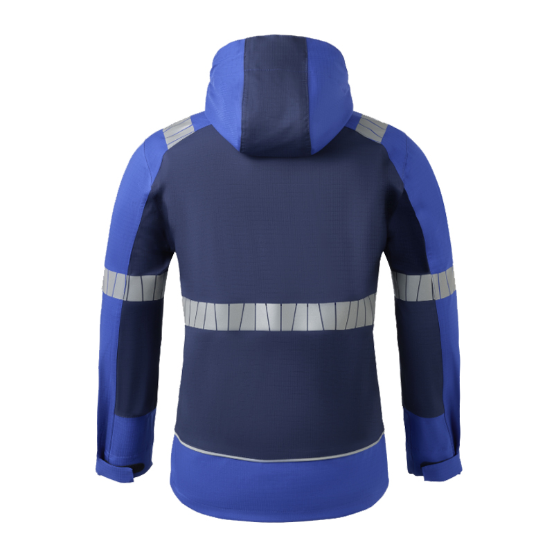 Rückansicht einer blauen HaVeP Arbeitsjacke mit Kapuze und umlaufenden Reflexstreifen an Rücken und Ärmeln