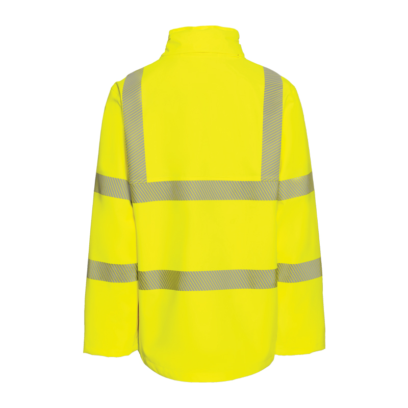 Rückansicht einer neon-gelben Planam Warnschutzjacke mit umlaufenden Reflexstreifen an Rücken und Ärmeln