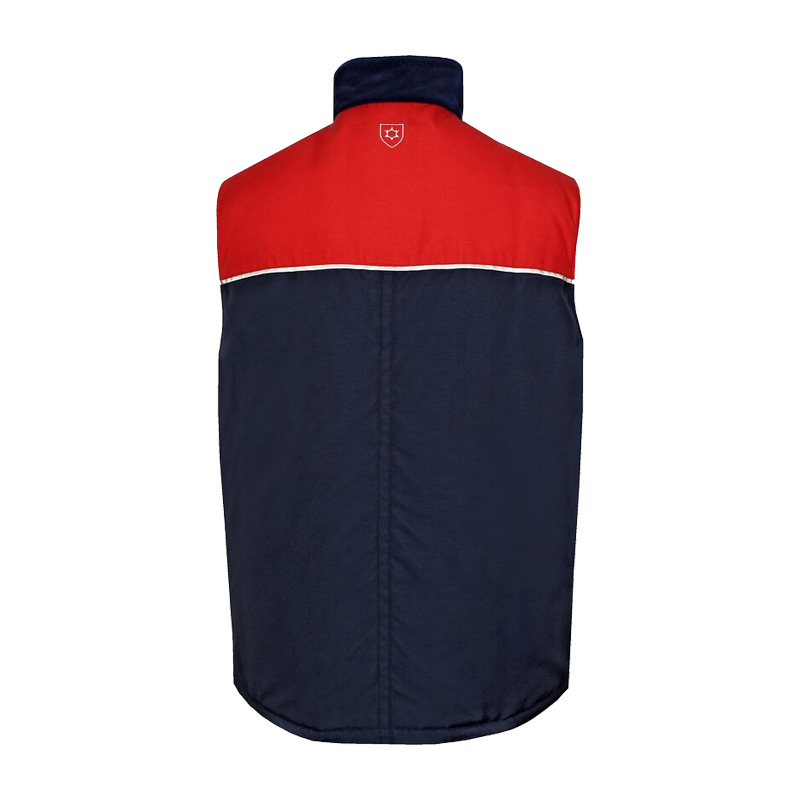 TEMPEX COMFORT Kühlhaus Weste von HB Protective Wear, Rückenansicht in Rot und Dunkelblau, robuste Kälteschutzweste für Kühlhaus und kalte Arbeitsbereiche