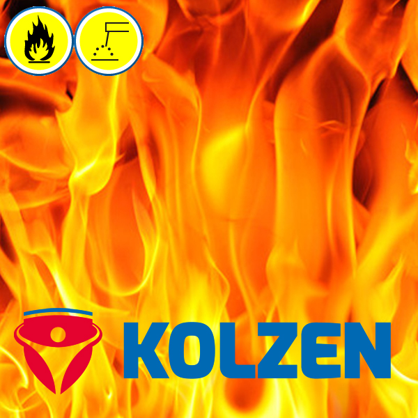 Kolzen Produktabbildung mit Flammenmotiv sowie Symbolen für schwer entflammbar und antistatisch