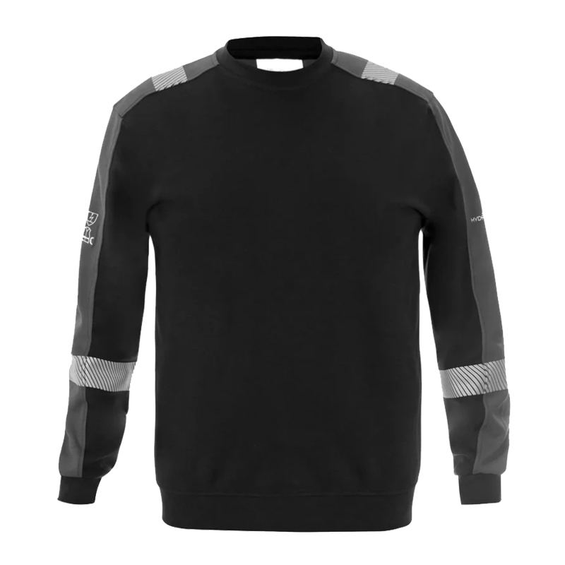 Schwarzes Arbeitssweatshirt mit grauen Ärmeln, reflektierenden Einsätzen an Schultern und Unterarmen sowie Rundhalsausschnitt