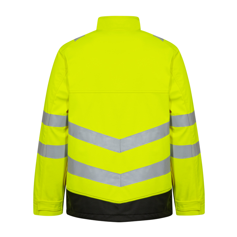 Rückenansicht einer Engel Warnschutzjacke in Neon-Gelb mit silbernen Reflexstreifen an Rücken und Ärmeln sowie schwarzem Saum