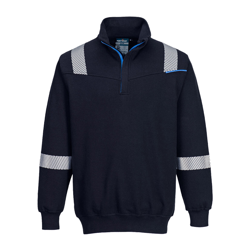 PortWest Sweatshirt in Dunkelblau mit Stehkragen, kurzem Reißverschluss, blauen Akzenten und reflektierenden Einsätzen an Schultern und Ärmeln