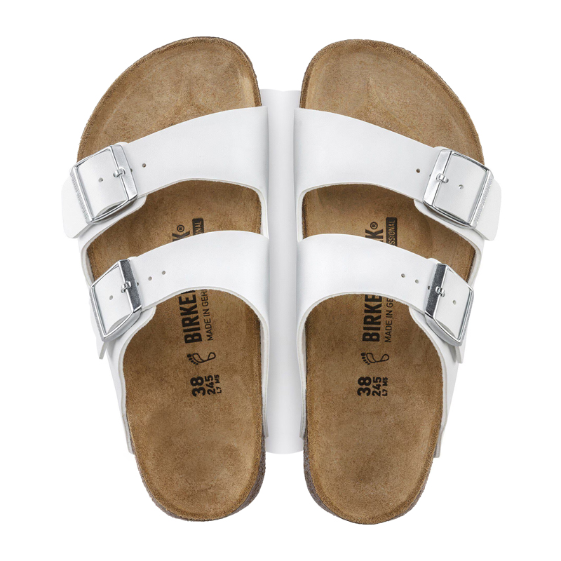 Birkenstock Sandalen in Weiß mit zwei verstellbaren Schnallen und anatomischem Kork-Latex-Fußbett, Draufsicht