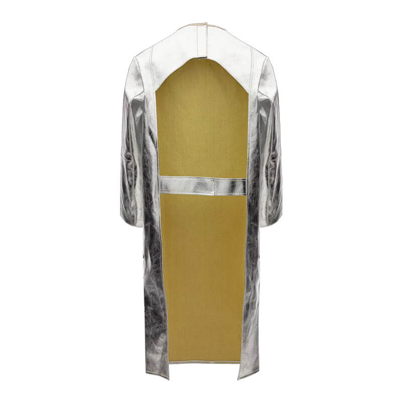 Rückansicht der Tempex Hitzeschutz Ärmelschürze TREME HEAT CLASSIC C3 475g von HB Protective Wear, silber-goldene Schutzschürze mit Ärmeln für hitzeintensive Arbeitsbereiche