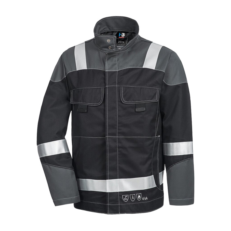 Schwarzer und grauer HB MODarc mit Reflex MultiNorm Blouson 4 kA | APC1 von HB Protective Wear mit Reflexstreifen und Stehkragen