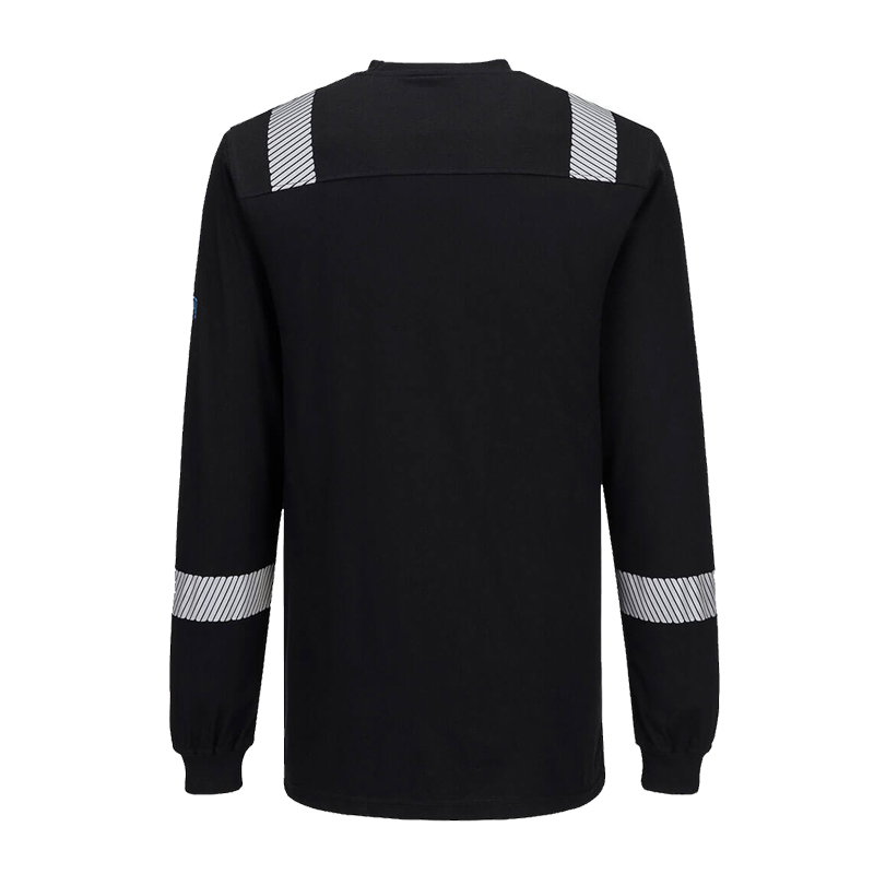 Rückenansicht eines schwarzen PortWest Langarm-Arbeitsshirts mit reflektierenden Streifen an Schultern und Ärmeln