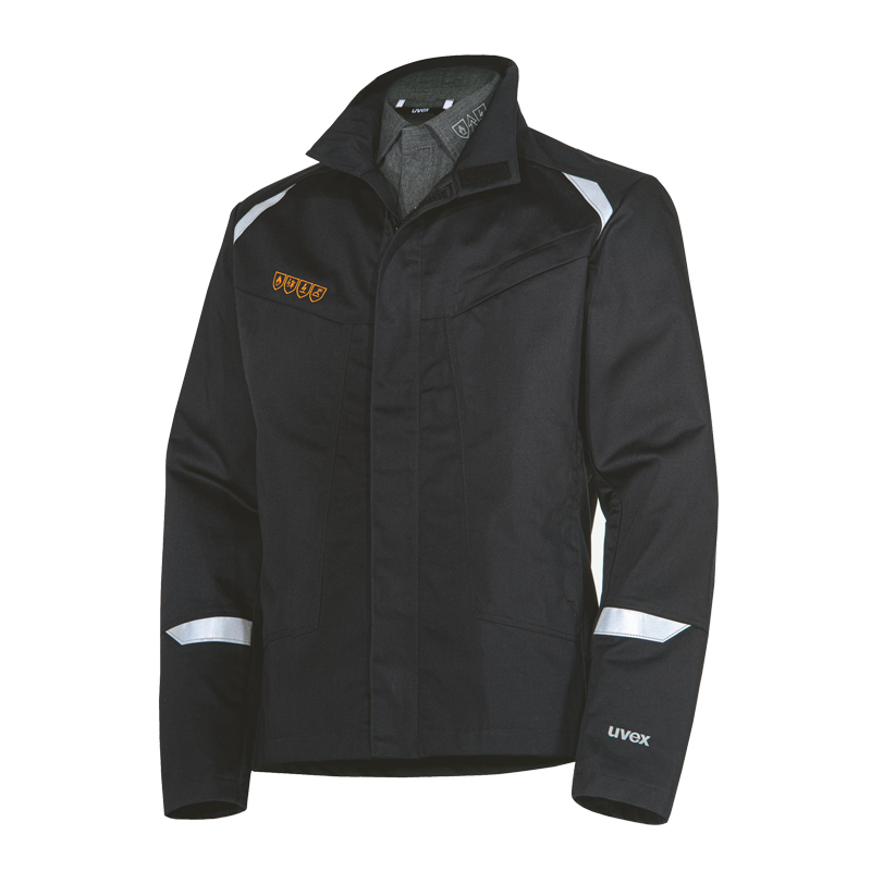 Uvex suXXeed Arc MultiNorm Jacke 4 kA + 7 kA APC2, schwarze Schutzjacke mit Stehkragen und Reflexelementen