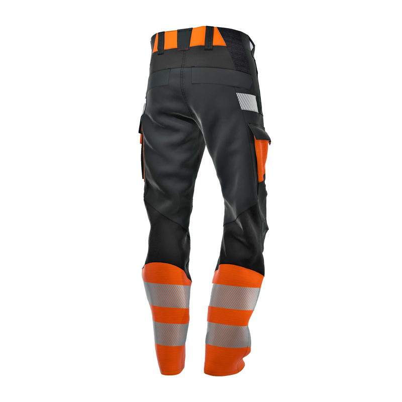 Rückansicht der BP 2215 Hi-Vis MultiNorm Hybrid Hose 4 kA | APC1 von BP Bierbaum Proenen in Schwarz-Orange mit Reflexstreifen und Seitentaschen