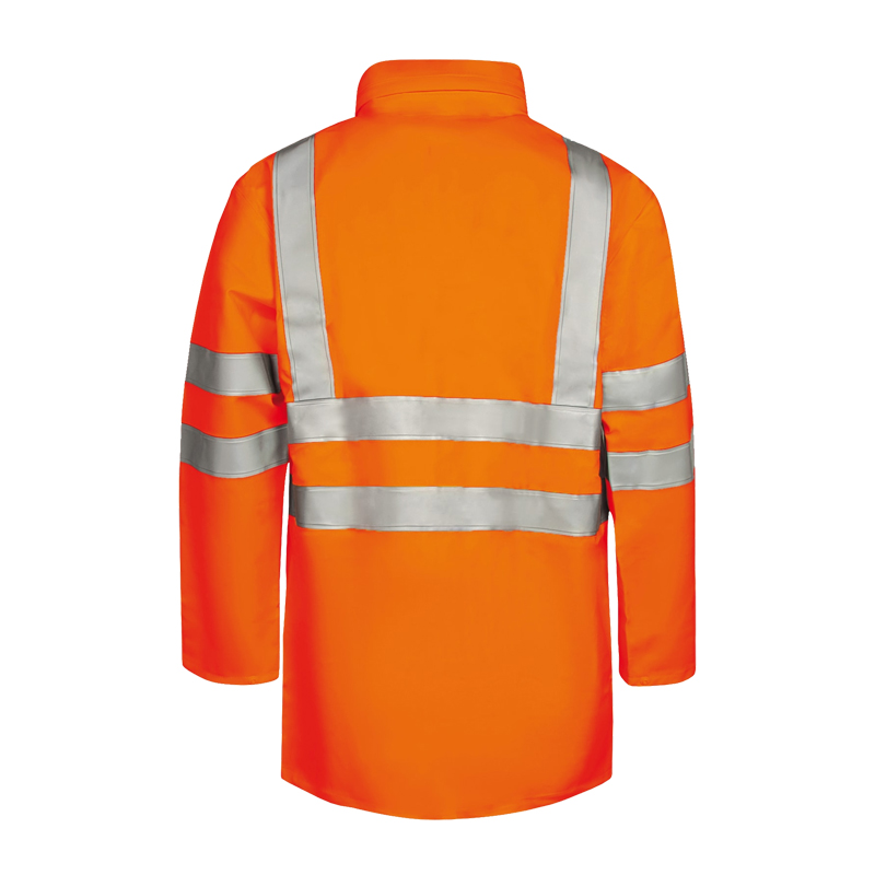 Rückansicht einer orangefarbenen Lyngsøe Warnjacke mit silbernen Reflexstreifen an Rücken und Ärmeln