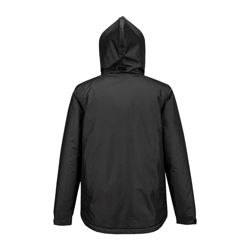 Rückansicht einer schwarzen PortWest Kapuzenjacke mit langen Ärmeln und wetterfestem Design