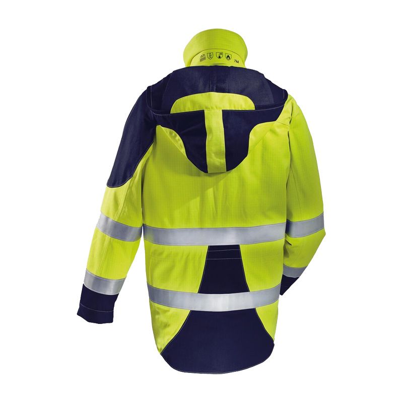 Rückansicht des HB Protective Wear MODarc & vis MultiNorm Warnschutz Parkas APC2 4 kA + 7 kA in Gelb, mit Kapuze und Reflexstreifen