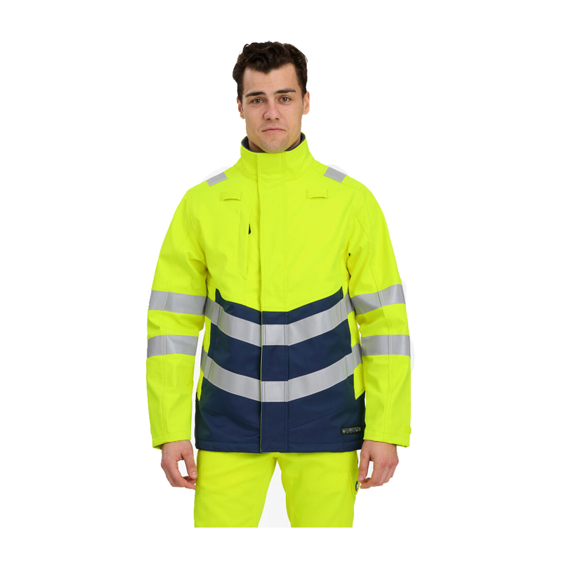 Herren tragen Engel Warnschutzjacke in Neongelb und Marineblau mit breiten Reflexstreifen, hoher Kragen und Frontverschluss, frontal abgebildet