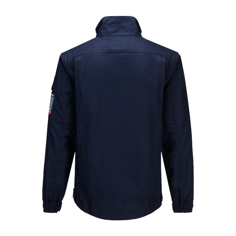 Rückenansicht einer dunkelblauen PortWest Arbeitsjacke mit Stehkragen und langen Ärmeln