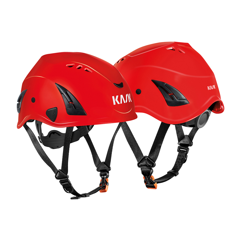 Roter Kask KASK SUPERPLASMA HP Industriehelm nach EN 397 und EN 14052 mit Belüftung, Kinnriemen und Verstellsystem in Vorder- und Rückansicht