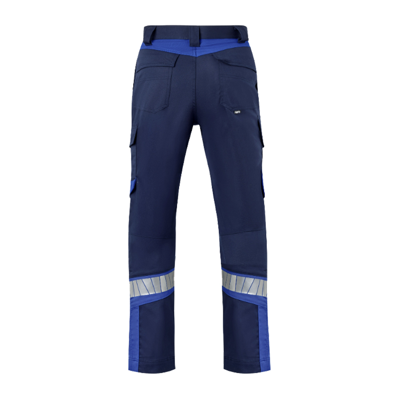 Rückansicht einer HaVeP Arbeitshose in Dunkelblau mit hellblauen Kontrastdetails, Gesäß- und Seitentaschen sowie reflektierenden Einsätzen an den Beinen
