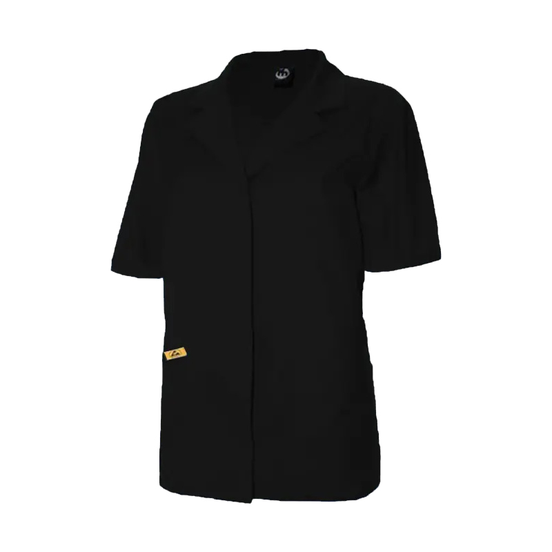 Schwarze Mimoza ESD Damen Jacke kurzarm für Produktschutz in EPA-Bereichen 10⁵ bis 10⁸, EN 61340-konform