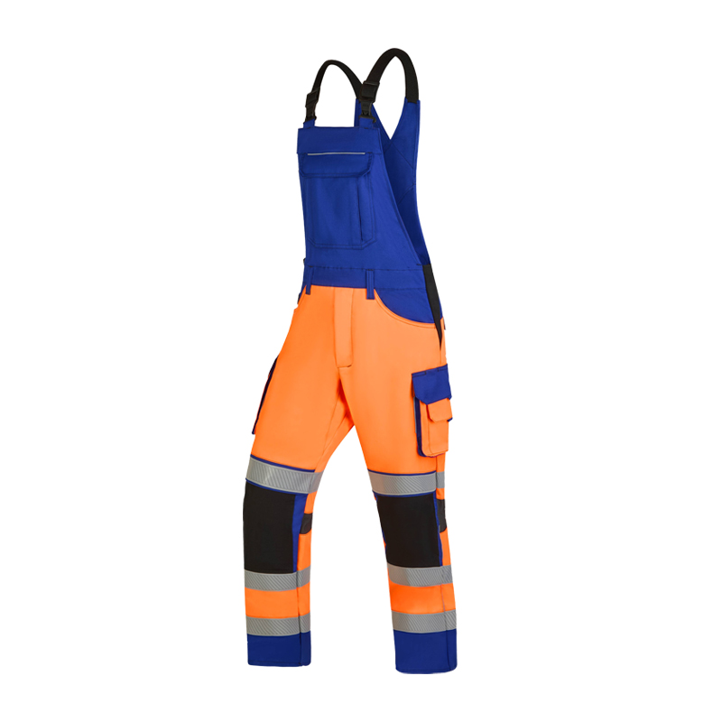 Rofa Warnschutz-Latzhose in Orange und Blau mit Reflexstreifen, Brusttasche, Seitentaschen und verstärkten Kniebereichen