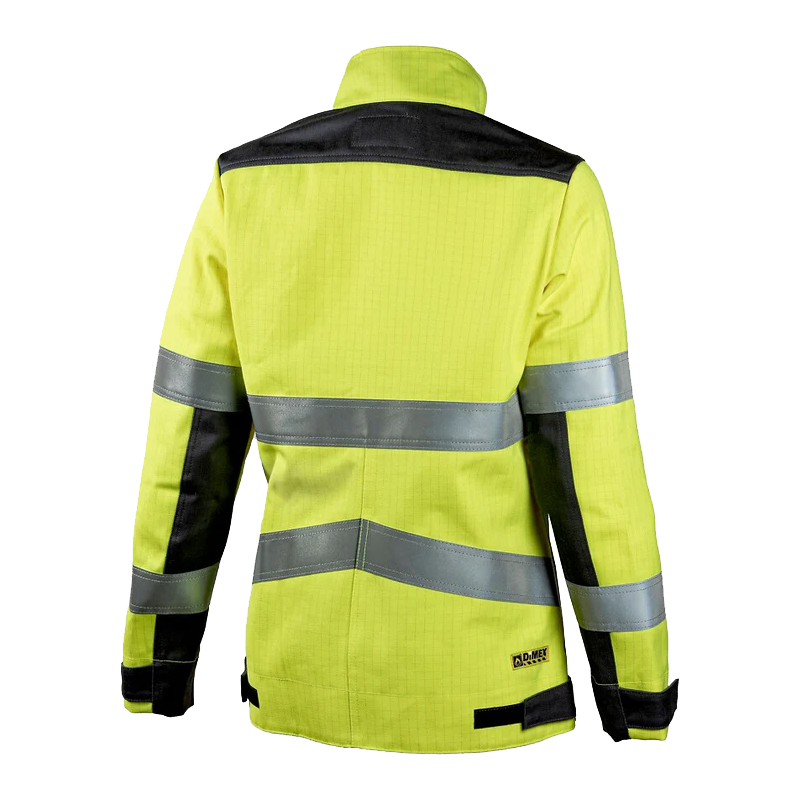 Rückansicht der Dimex 2334M Damen MultiChem Warnschutz Jacke in Gelb-Schwarz mit Reflexstreifen und weiblicher Passform