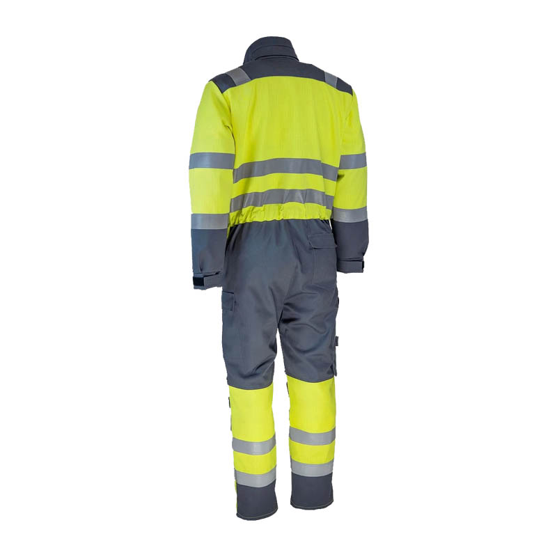 Rückansicht des Dimex 6443 MultiChem Warnschutz Overalls in Gelb-Grau, flammhemmend, antistatisch, mit Reflexstreifen für hohe Sichtbarkeit und professionellen Schutz.