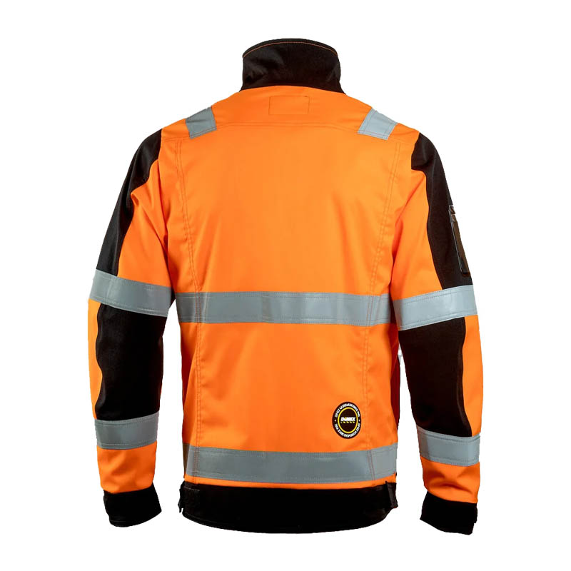 Rückansicht der Dimex 6134 Warnschutz Stretch Jacke Klasse 2 in Orange mit schwarzen Einsätzen und Reflexstreifen