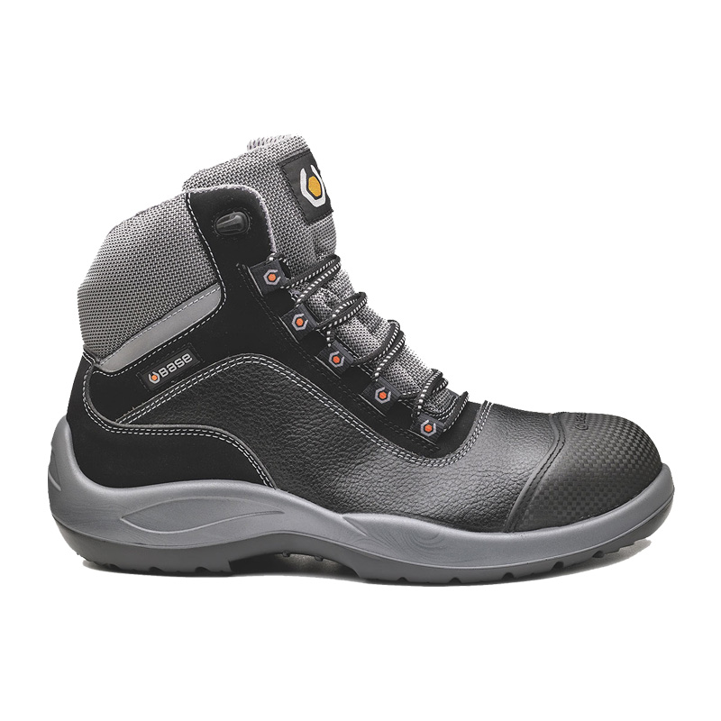 BASE Beethoven S3 Sicherheitsstiefel B0119 von BASE, schwarzer Sicherheitsstiefel mit grauem Schaft, robuster Zehenschutzkappe und griffiger Sohle in der Seitenansicht