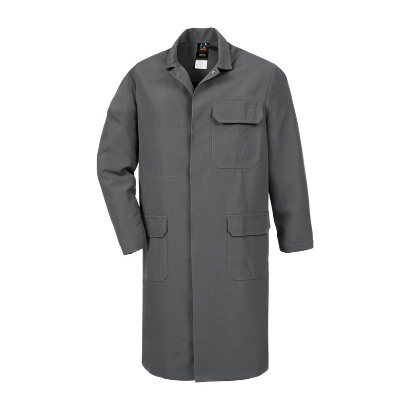 Grauer HB CHEMstandard Chemikalienschutz Mantel von HB Protective Wear, langer Schutzmantel mit Taschen, zertifiziert nach EN 13034 Typ 6 für Schutz vor flüssigen Chemikalien