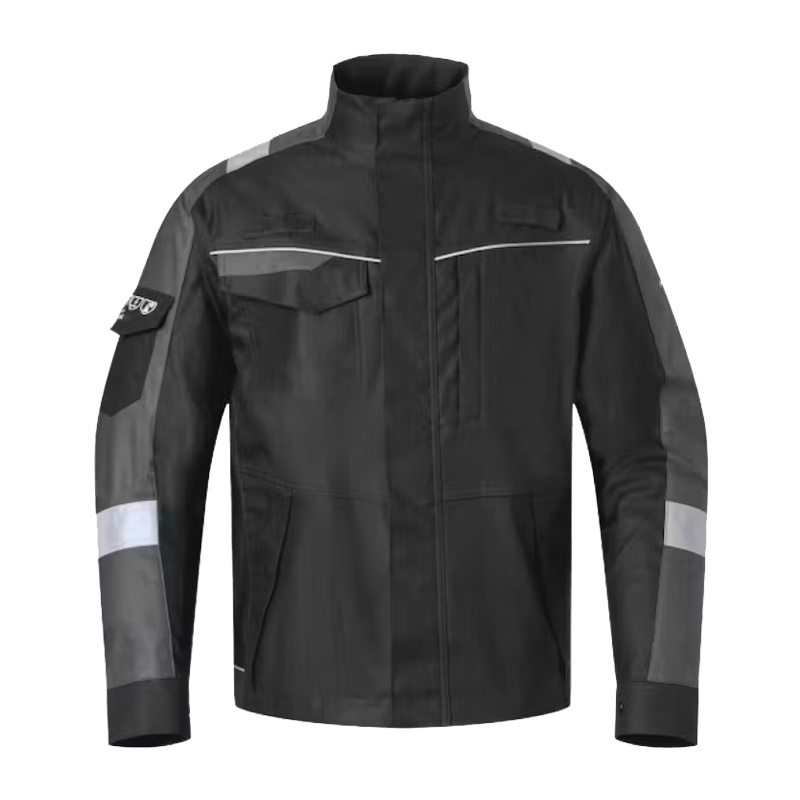 Schwarze Arbeitsjacke mit Stehkragen, grauen Ärmeln und Reflexdetails, robuste Berufskleidung für Arbeit und Handwerk