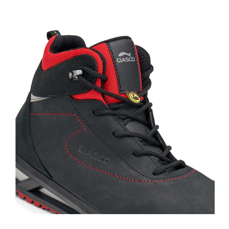 Giasco 3Hybrid ESD KRK S3L Sicherheitsstiefel, knöchelhoch, aus schwarzem Hydroteck Nubukleder mit rotem Schaft, metallfrei, mit dämpfender 3HYBRID-Sohle und textilem Durchtrittschutz