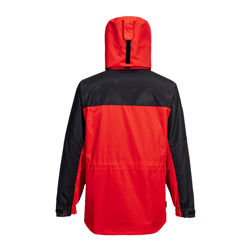 Rückansicht einer rot-schwarzen PortWest Jacke mit Kapuze und langen Ärmeln, funktionale Outdoor- und Arbeitsjacke