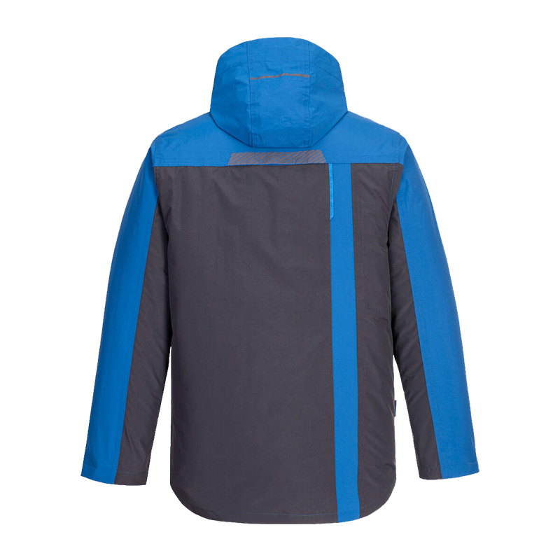 Rückansicht einer PortWest Outdoorjacke in Blau und Grau mit Kapuze und kontrastierenden Einsätzen