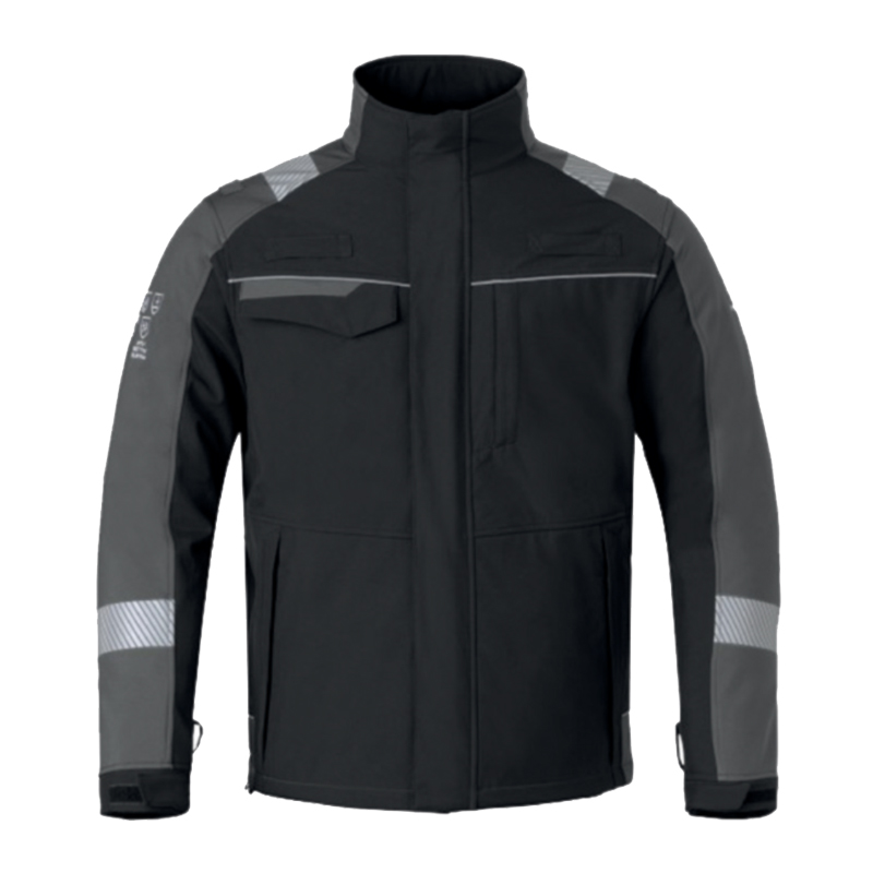 Frontansicht einer schwarzen Arbeitsjacke mit grauen Ärmeln, hohem Kragen, Brusttaschen und Reflexdetails für Beruf und Outdoor-Einsatz
