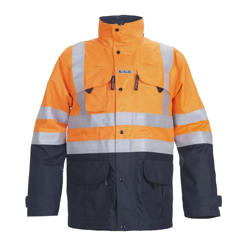 HydroWear Warnschutzjacke in Orange und Navy, wasserdichte Arbeitsjacke mit Reflexstreifen, Stehkragen und Fronttaschen