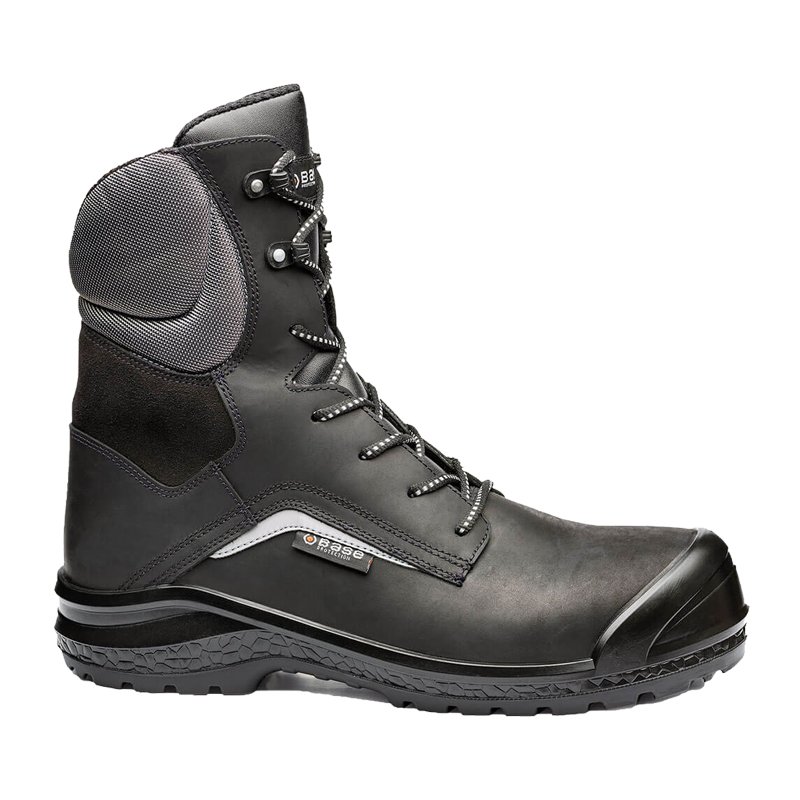 BASE Be-Grey Top S3 Sicherheitsstiefel B0835 metallfrei, schwarzer Arbeitsstiefel mit grauem Schaftpolster und robuster Sohle in Seitenansicht