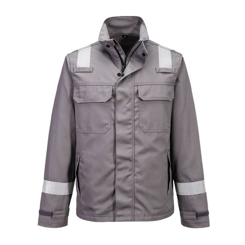 PortWest graue Arbeitsjacke mit Reflexstreifen an Schultern und Ärmeln, Stehkragen, Brusttaschen und verdecktem Frontverschluss