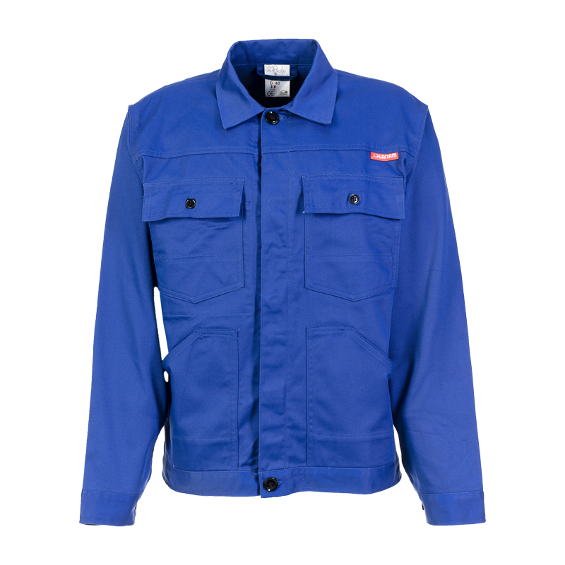 Planam MG 290 Bundjacke aus verstärkter Baumwolle in Kornblumenblau, robuste Arbeitsjacke mit Brusttaschen und verdeckter Knopfleiste für Handwerk, Gewerbe und Industrie
