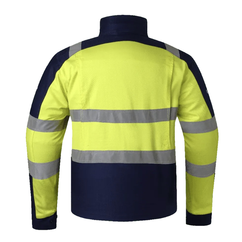 Rückansicht einer HydroWear Warnschutzjacke in Gelb und Navy mit umlaufenden silbernen Reflexstreifen an Rücken und Ärmeln