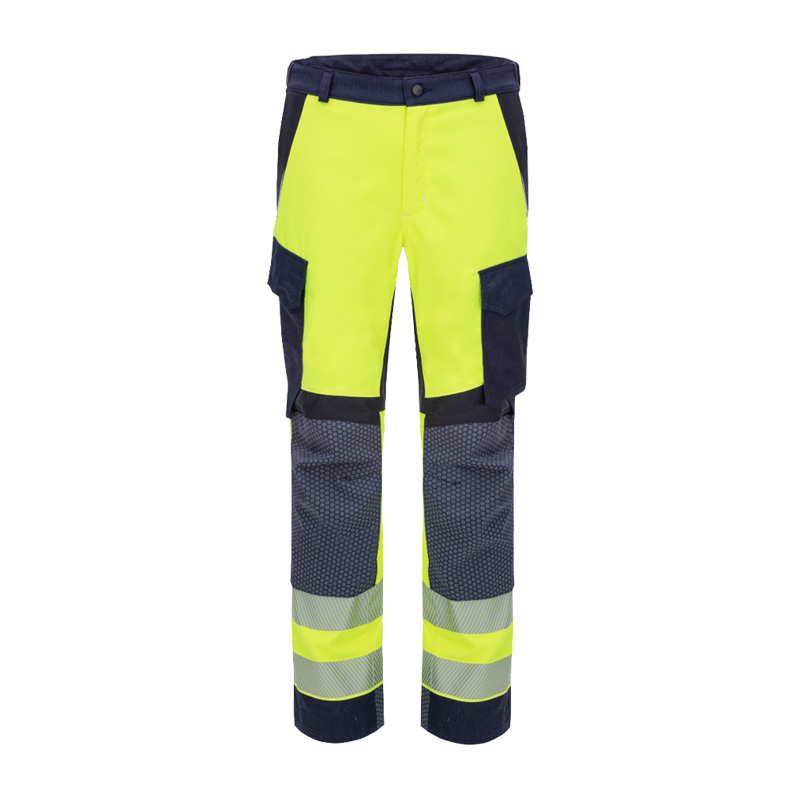 Vorderansicht der HB 4Energy MultiNorm Warnschutz Hose 4 kA | APC1 von HB Protective Wear in Gelb/Marine mit Reflexstreifen und Knieverstärkung