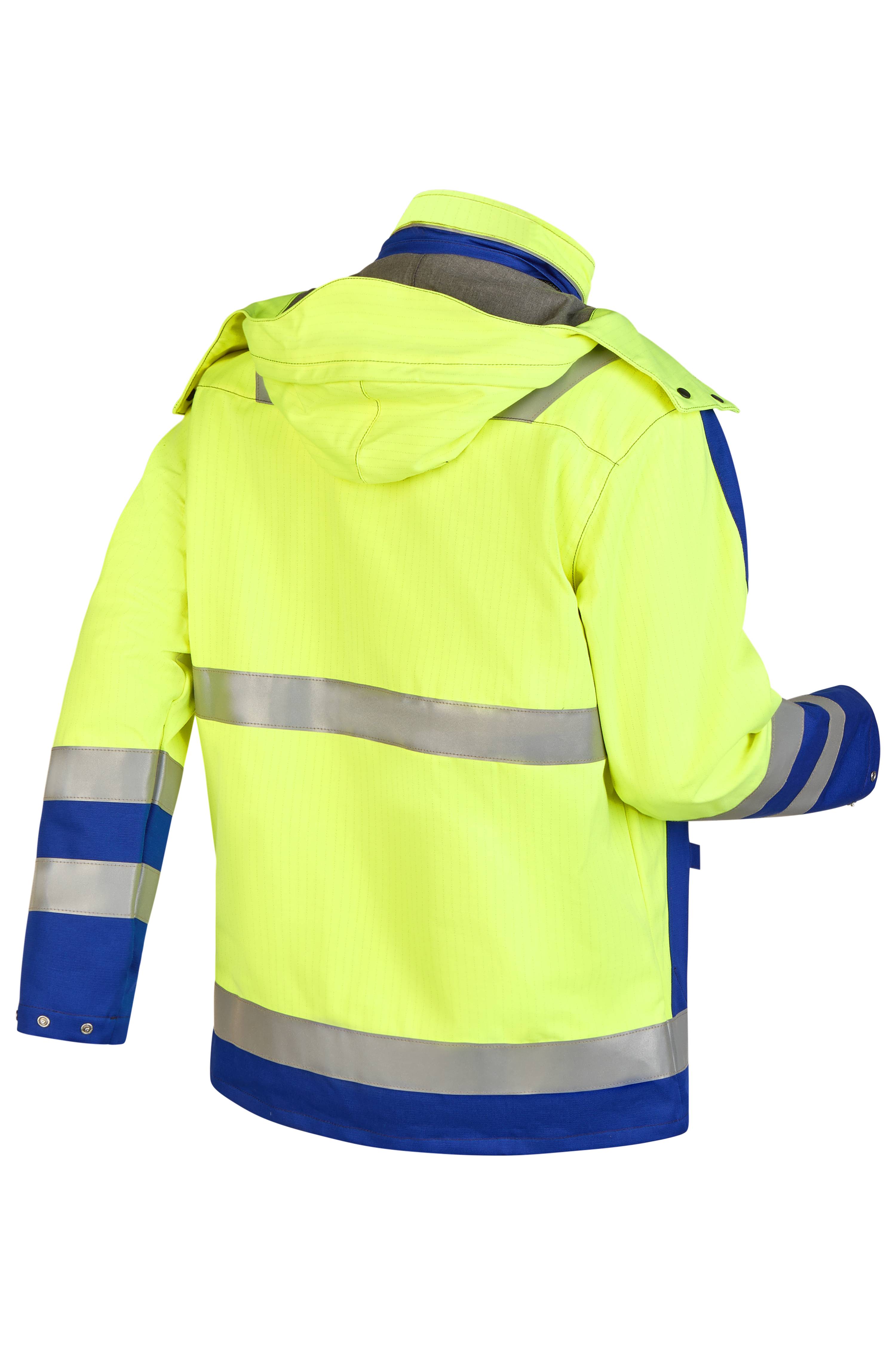 Rofa Warnschutzjacke in Neon-Gelb und Blau mit Reflexstreifen und Kapuze, Rückenansicht