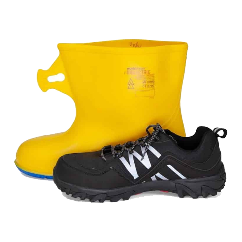 BSD Arbeitsschuhe und gelbe Sicherheitsstiefel im Set, schwarzer Sicherheitsschuh mit Profilsohle vor gelbem Schutzstiefel