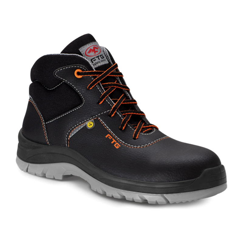 FTG Star S3 ESD Sicherheitsstiefel metallfrei aus schwarzem Sicherheitsleder, hoher Arbeitsstiefel der Gemini Line mit robuster Sohle und orangefarbener Schnürung
